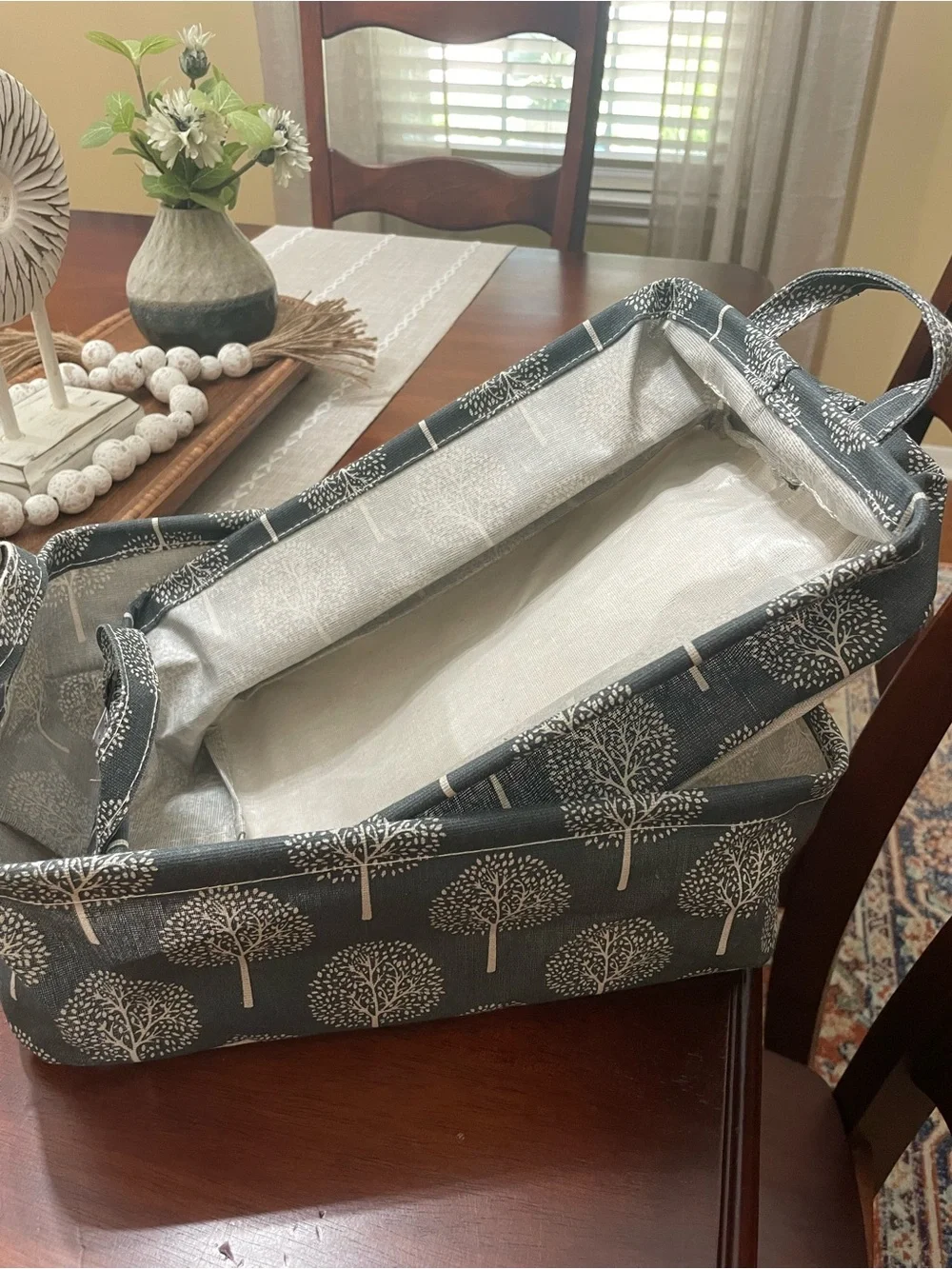 The Container Store Beige and Black Canvas Tree Print Storage Tote- Set of Four